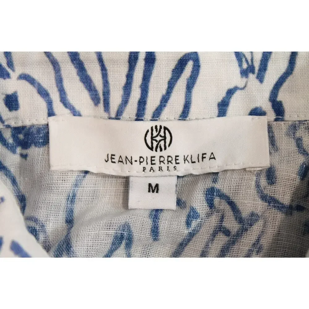Jean-Pierre Klifa Top Womens White Blue Bunny Print Linen Blend Button Up Casual - Picture 5 of 9